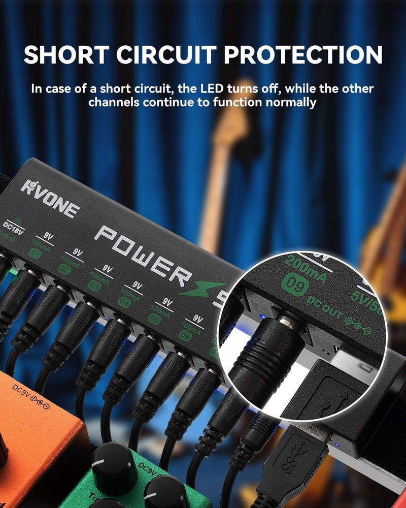 RVONE Guitar Pedal Power Supply, 10 Isolated DC Output for 9V/12V/18V Effect Pedal, Circuit Protection, Noise Reduction, 100mA 500mA USB Pedalboard Power Supply - Image 3